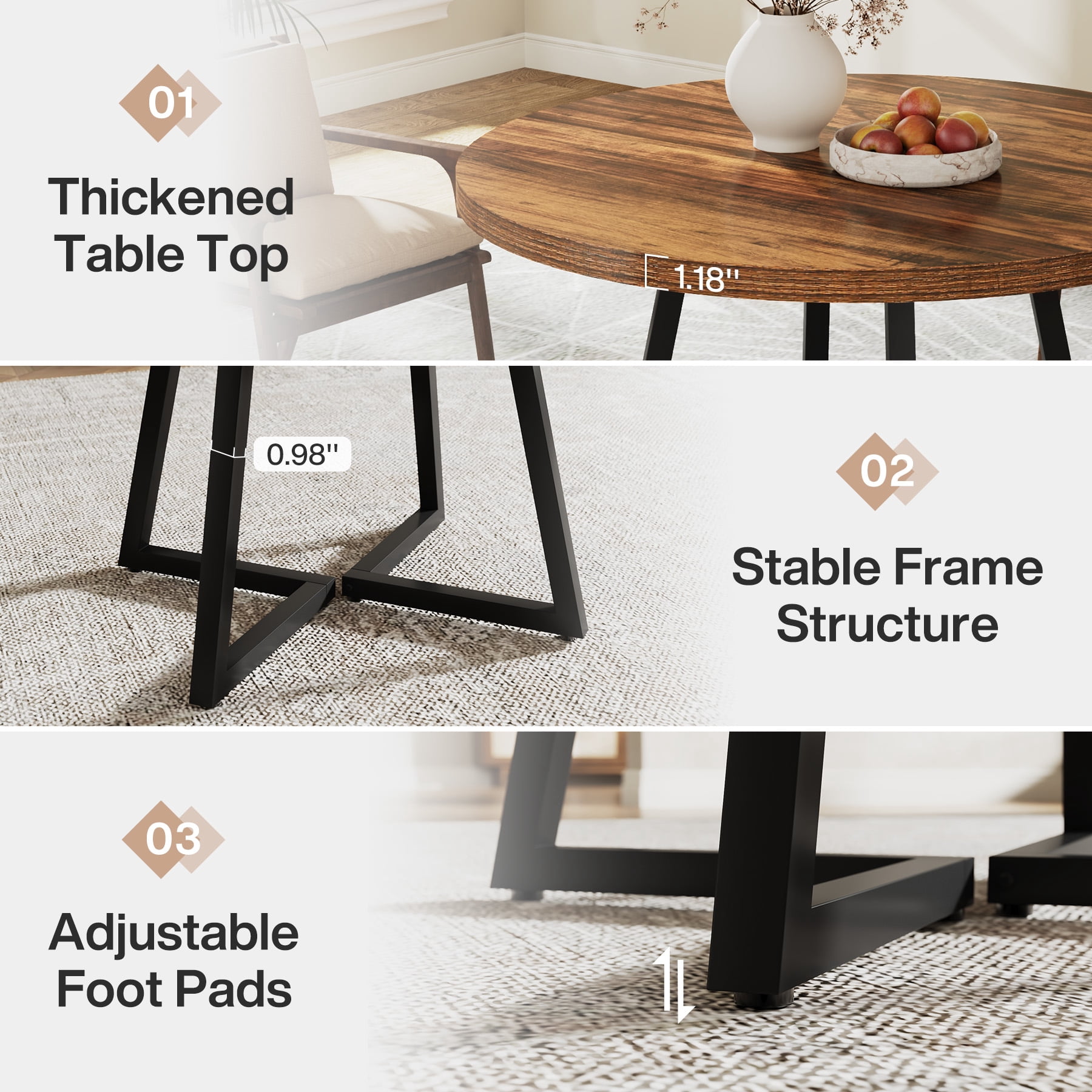 Fnova Round Dining Table for 4 People, Modern Kitchen Table with Sturdy Metal Frame, Small Space Circular Dinner Table for Living Room, Apartment, and Breakfast Nook