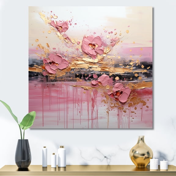 Designart "Modern Liquid Shapes in Gold and Pink II" Abstract Wall Art - Modern Gold Abstract Modern Shapes Bedroom Canvas Wall Art