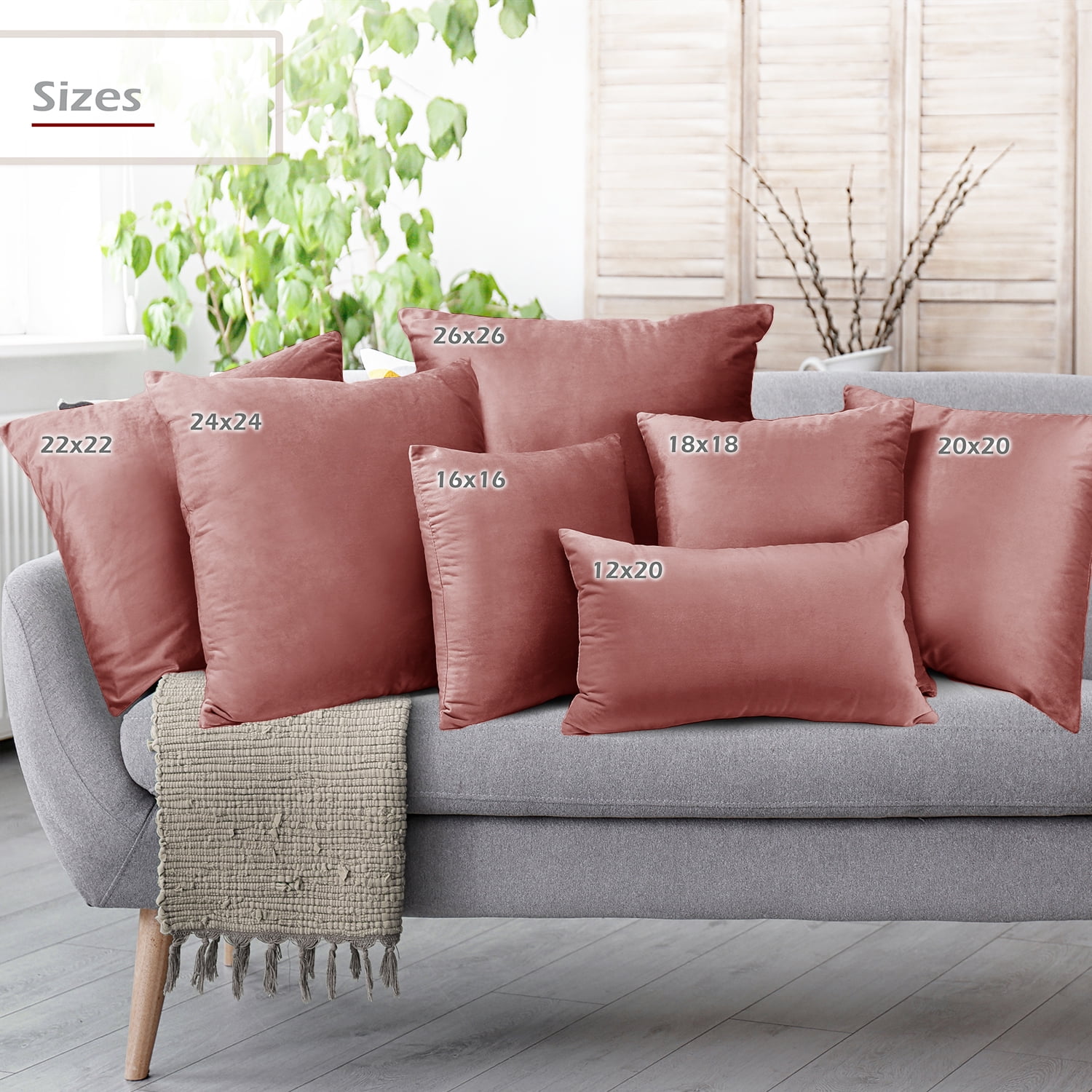 Clara Clark Plush Solid Decorative Microfiber Square Throw Pillow Cover with Throw Pillow Insert for Couch, Misty Rose, 22"x22"", 4 Piece Decorative Soft Throw Pillow Set