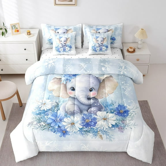 Erosebridal Kawaii Elephant Bedding Sets Twin Size,Floral Animal Comforter Sets with Sheets,Blue White Bed in a Bag Twin size,Microfiber Teens Bedroom Decor,Reversible,7pcs