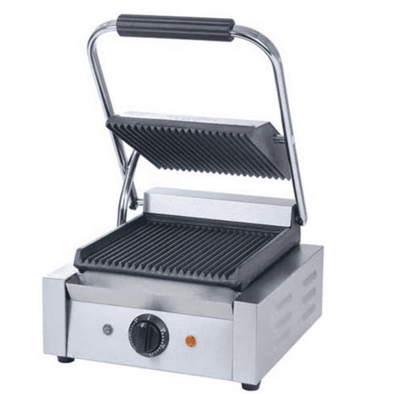 FSE SG-811 Single Electric Sandwich Panini Grill with Cast Iron Grooved Plates, Oil Tray, 120v