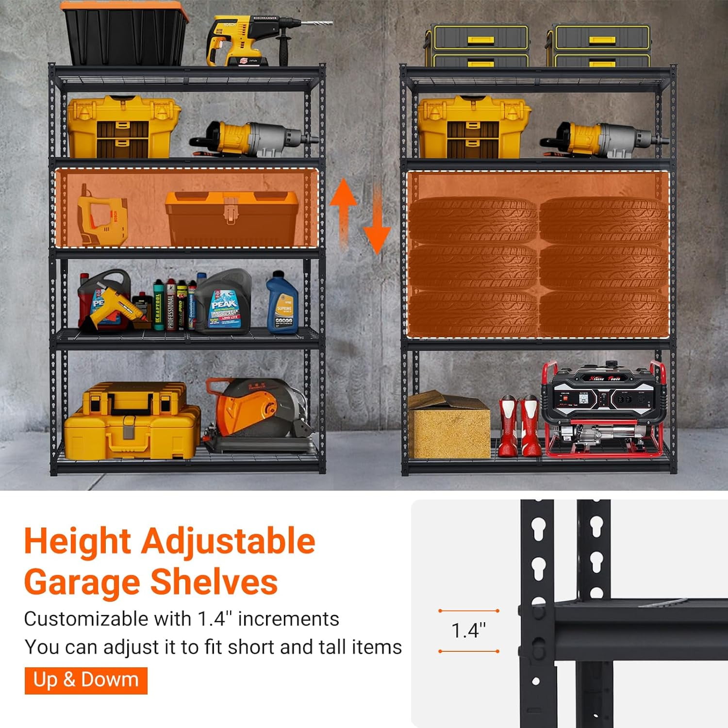 Garage Shelving, Heavy Duty Garage Shelving 48" L x 18" W x 72" H, 2500lbs Load Bearing Storage Shelves Adjustable, Durable Metal Storage Shelves, Easy Assemble for Garage, Basement