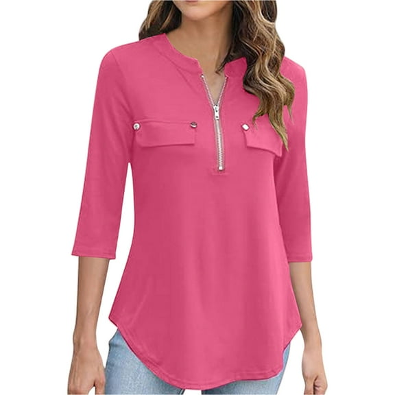 Women's 3/4 Length Sleeve V Neck Flowy Tunic Blouses Work Tops Shirts with Zippers
