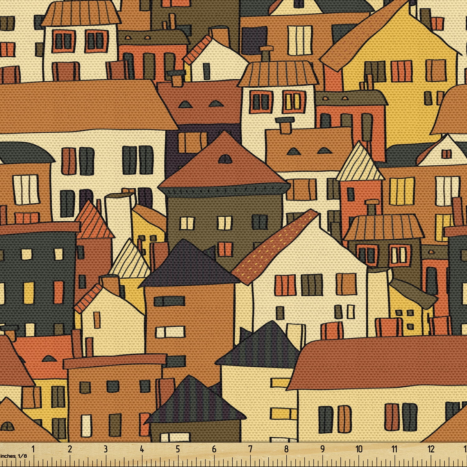 City Fabric by The Yard, Panoramic Illustration Cartoon Style Various