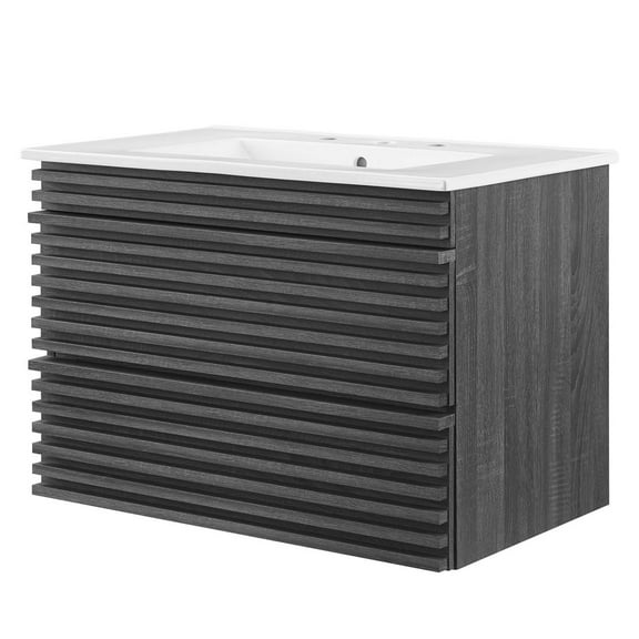 Wall Mount Sink Vanity Cabinet, Dark Grey Gray White, Wood, Mid Century Hotel Bedroom Bathroom, Modern Contemporary HB33707