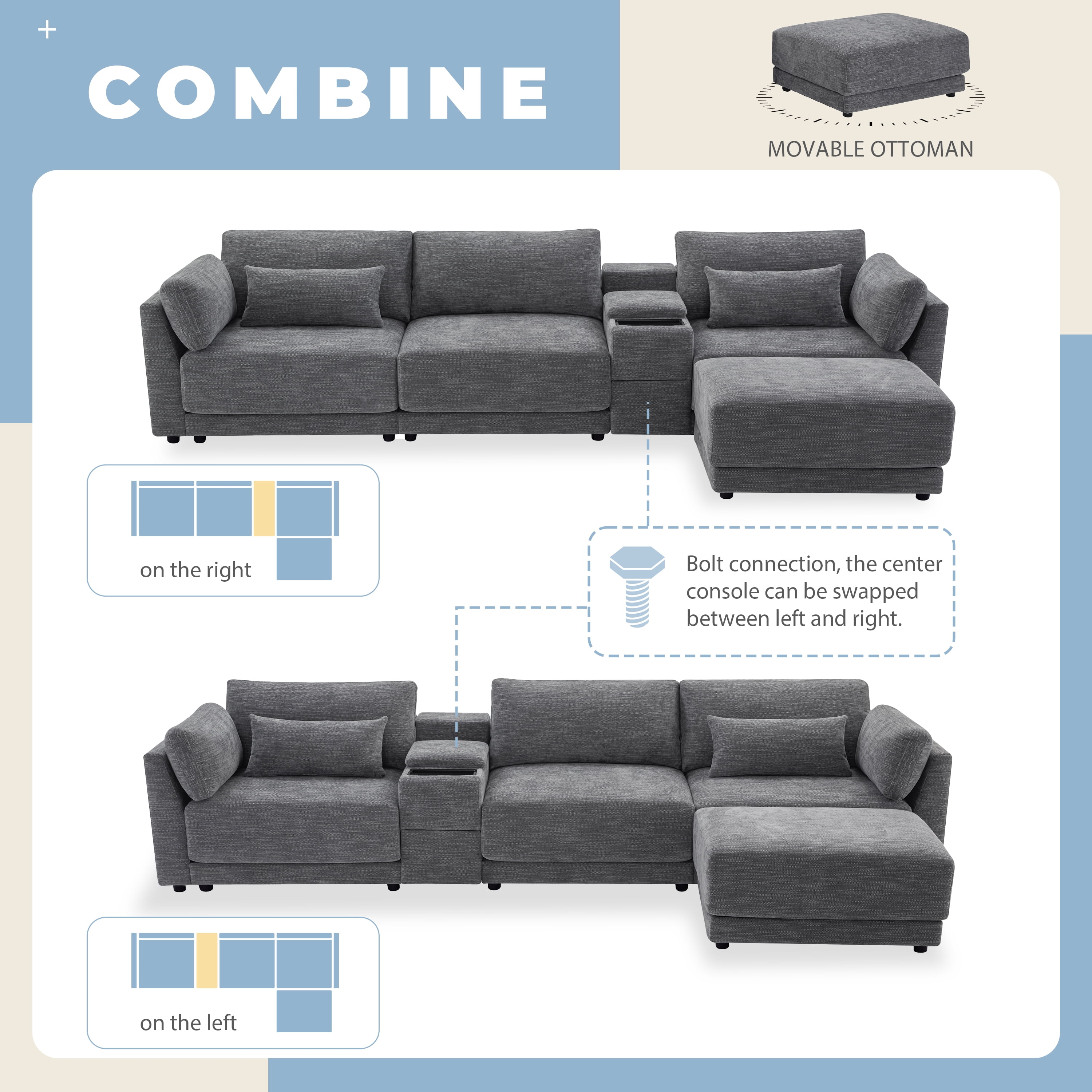 Sectional Sofa, L Shaped Couch, 4-Seat Sofa with Multi-Function Storage Console, Device Platform and Movable Ottoman, Wide 33 Inch Thick Cushion Chenille for Living Room, 124 Inch, Gray