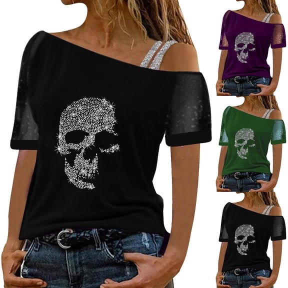 Trendfront Womens Summer Slash Neck Short Sleeve Tops Rhinestone Detail Off Shoulder Boat Neck Tees Strass Design Style Fashion T-Shirts