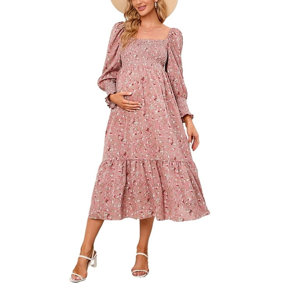 HYwys Women s Maternity Square Neck Long Sleeve Summer Dress Smocked Boho Ruffle Casual Midi Dress Baby Shower Photoshoot S XXL