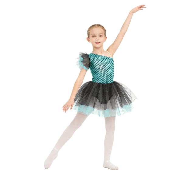 TTAO Kids Mermaid Princess Dance Dress Metallic Fish Scale Jumpsuit One Shoulder Mesh Tutu Leotards Mint Green 14