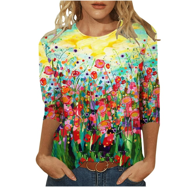 HKEJIAOI Blouse d'Été à Manches 3/4 Col Rond Imprimé Floral pour Femmes m