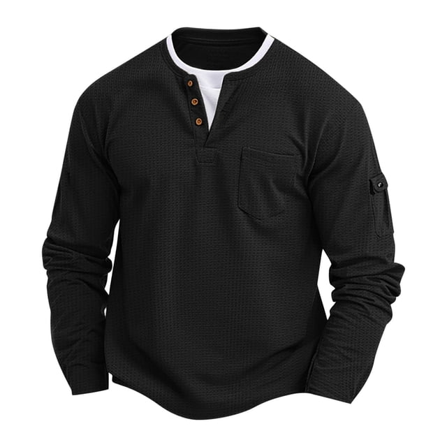 pstuiky camisetas de manga larga para hombre, Camisa informal de manga larga con cuello en V y bolsillos de color liso para hombre top de hombre s