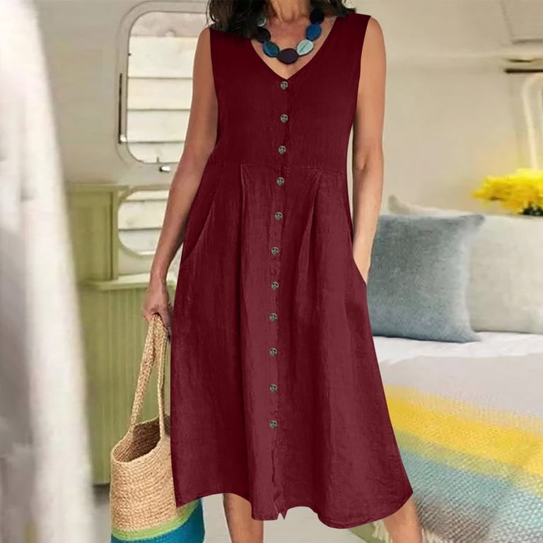 chinese dress ladies Arabella Linen Blend Dress-Red Embroidery