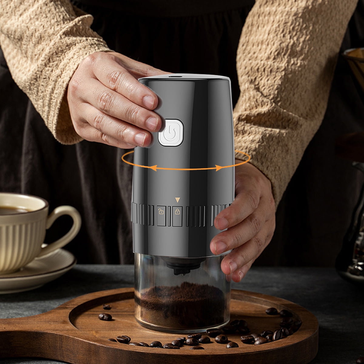 Portable Electric Burr Coffee Grinder, Small Automatic Ceramic Conical Spice Grinder, Slow Coffee Bean Grinder with Setting - black