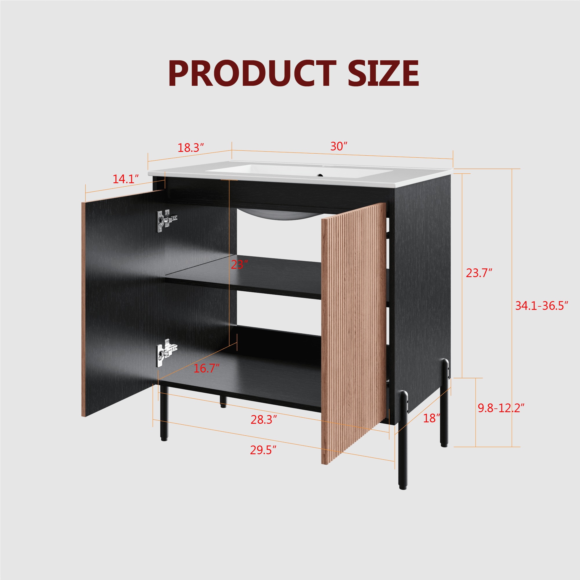 30 Inch Modern Bathroom Vanity Base Cabinet Only, Freestanding or Wall-Mounted with Soft Close Fluted Double Doors & Adjustable Shelf, Aluminum Legs (Walnut & Black, No Sink)