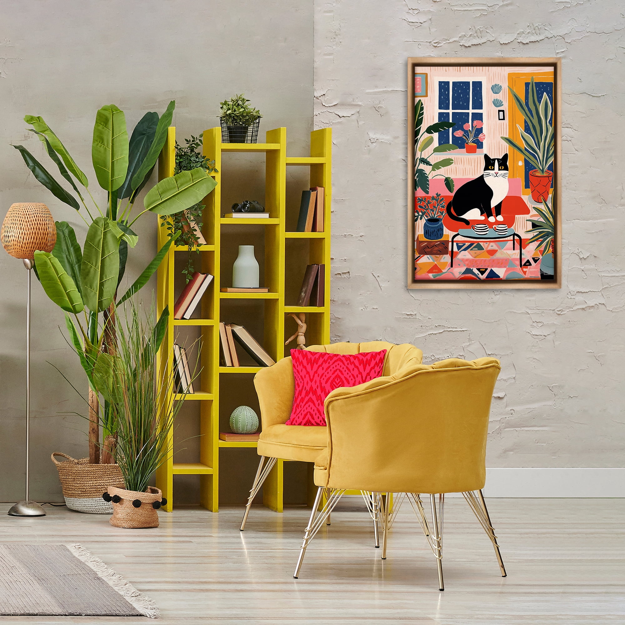 Stupell Industries Eclectic Living Room Cat Animals & Insects Painting Brown Floater Framed Canvas Art Print Wall Art, 21 x 31