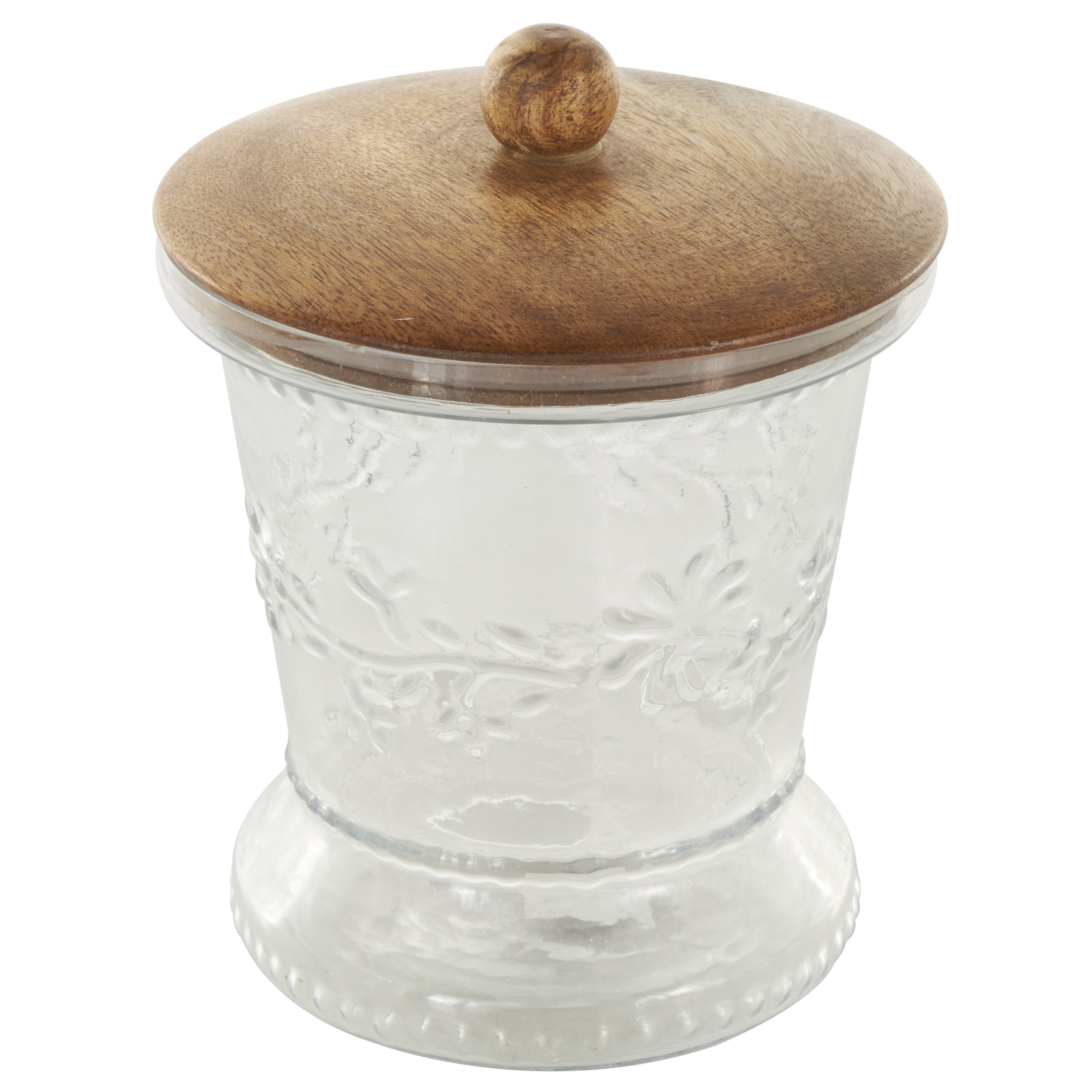 DecMode 7", 6"H Clear Glass Floral Beaded Decorative Jars with Brown Wooden Lids and Round Knobs, 2-Pieces