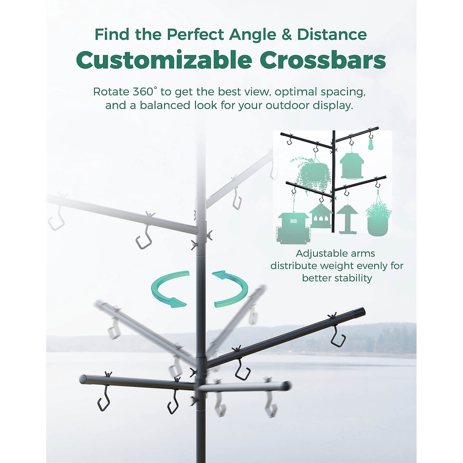 PerchMe Heavy-Duty Deluxe Bird Feeder Pole Station with Squirrel Baffle, Rotating Crossbars, and Hooks, 92-In. Max Height SF-BF-PS