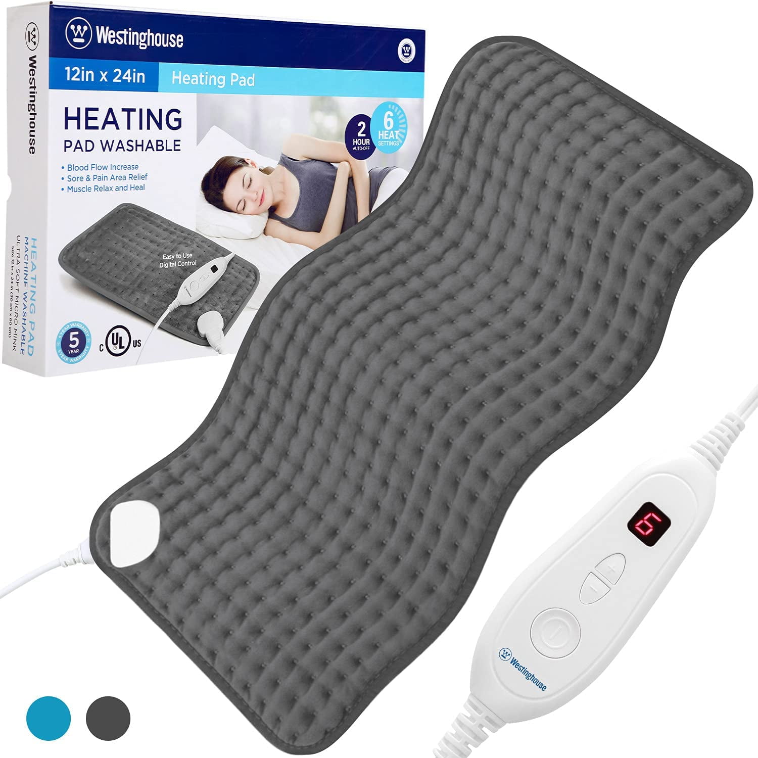 Westinghouse Electric Heating Pad for Back Pain Relief, Heated Neck Shoulder  Wrap with 6 Heat Settings, Extra Large 12x24 Inches (Grey) - Walmart.com