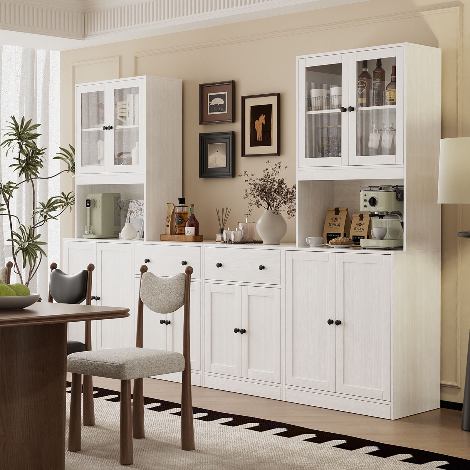 RichYa 4Pcs Kitchen Pantry Storage Cabinet Set,Modular Furniture Cabinets with Display Glass Doors,Hutch Buffet Cabinet with Drawers & Countertop for Dining Room,White
