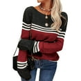 thumbnail image 3 of Women Fall Fashion Sweaters Colorblock Striped Crewneck Winter Trendy Pullover Tops Wine Red XXL, 3 of 5