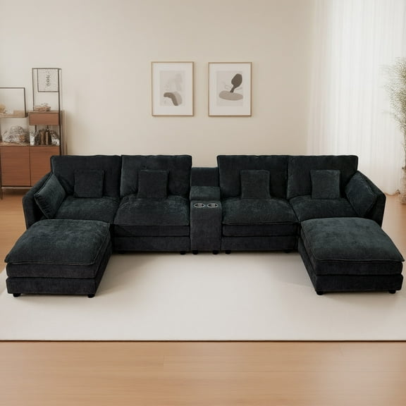 U Shaped Sectional Cloud Couch for Living Room,144" Comfy Fluffy Modular Sofa with Movable Ottoman Modern Chenille 6 Seat Sectional Sofa Set with Storage Box, Cup Holders,Black