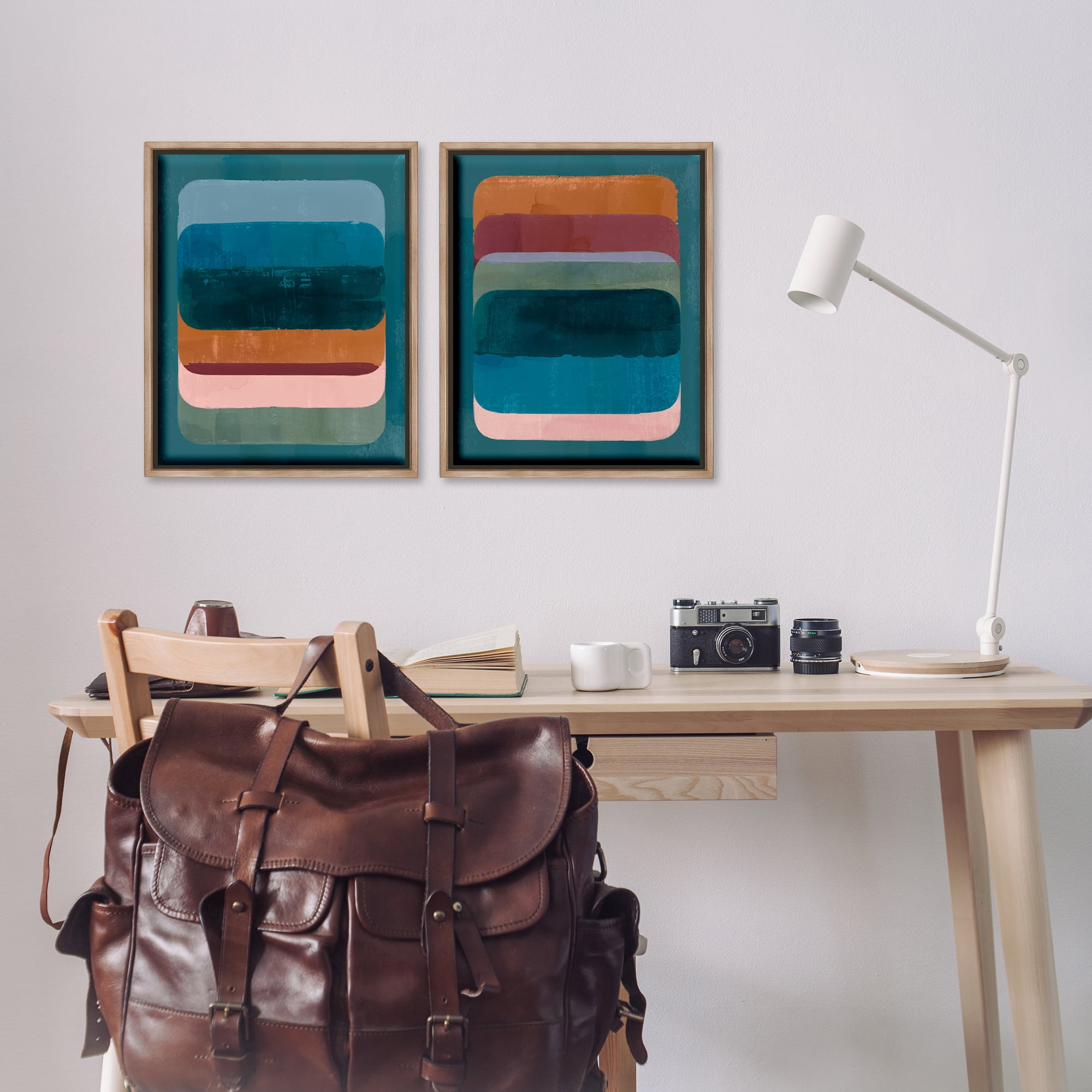 Stupell Industries Abstract Teal Stacked Colors Abstract Painting Brown Floater Framed Canvas Art Print Wall Art, 17 x 21, Set of 2