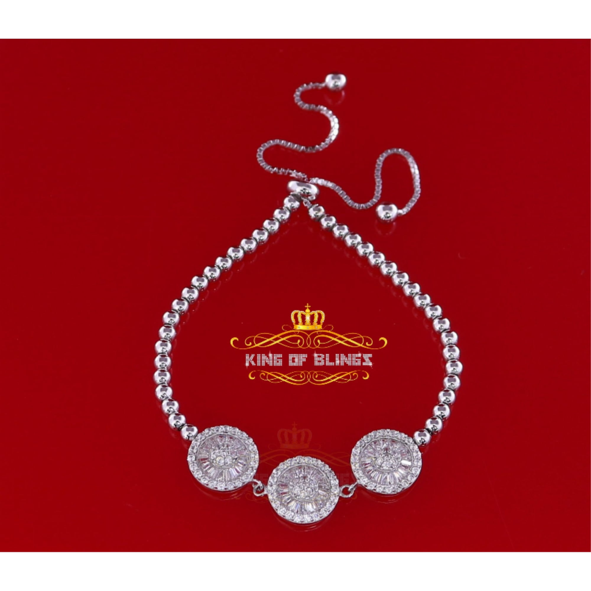 King Of Bling's Sterling Silver Fancy Round White Bracelet Cubic Zirconia Adjustable Size 7 Inch
