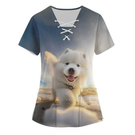 

QAZXD Womens Summer Tops Graphic Prints V-Neck Short Sleeve Scrub Tops with Two Pockets Blouse Beige 4XL
