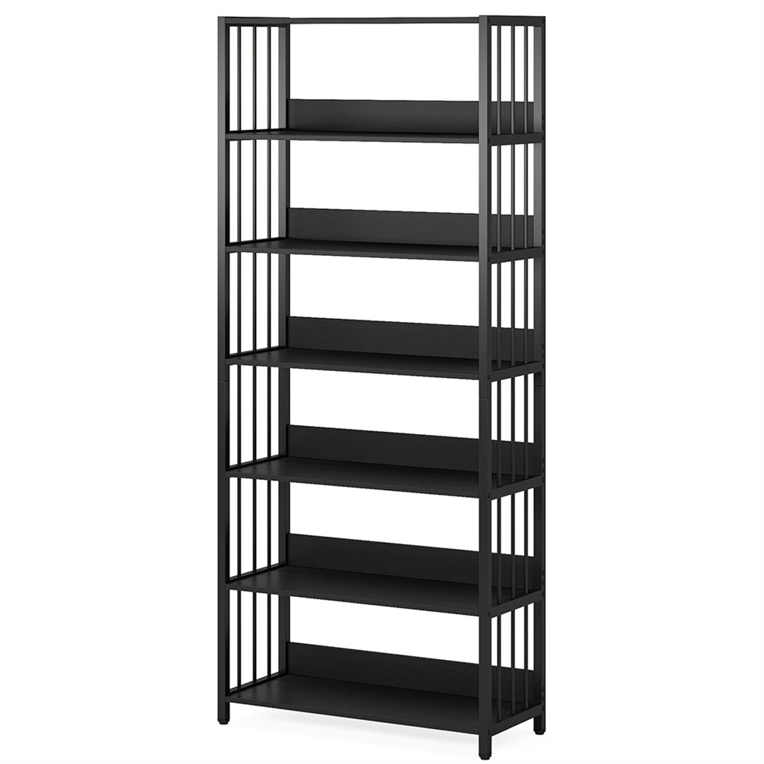 Demi Bonn 6-Tier Open Bookshelf, Wood and Metal Bookcase Storage Organizer, 74" Tall Vintage Display Standing Shelf Unit for Bedroom, Living Room, Black