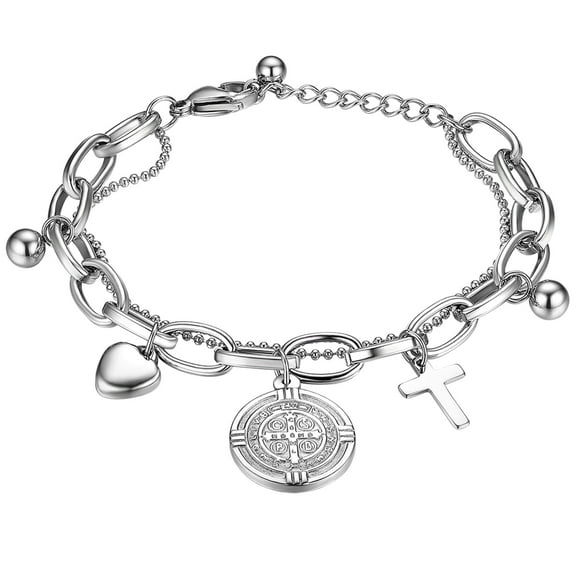 OIDEA Stainless Steel Saint Benedict Bracelet Cross Paperclip Bracelets for Women Birthday Christmas Valentines