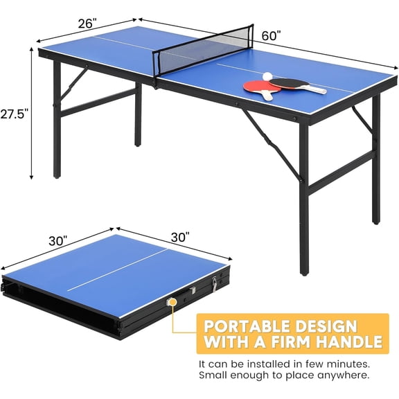 Acekid Portable Ping Pong Table Set Foldable Table Tennis Table For Indoor/Outdoor Waterproof Includes Net 2 Paddles 3 Balls Quick 5-Minute Assembly 60 x 26 x 27.5inch New Blue