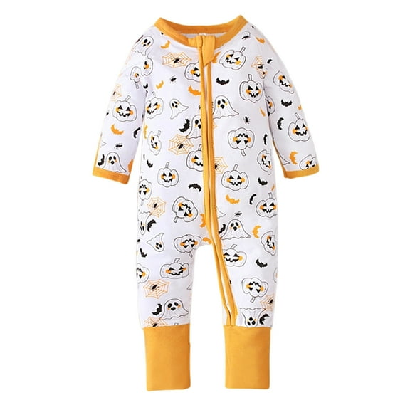 LIIPEE Boys Onesie Halloween Cartoon Pumpkin Ghost Printed Long Sleeve Round Neck Zip Up Jumpsuit Trendy Party One-Pieces,White,6-12 Months