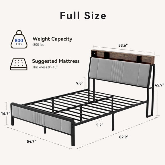 Full Size Bed Frame with Ergonomic Headboard, Upholstered Metal Platform Bed Full with 2-Tier Storage, Charging Station, LED Lights, Easy Assembly, No Box Spring Needed, Gray