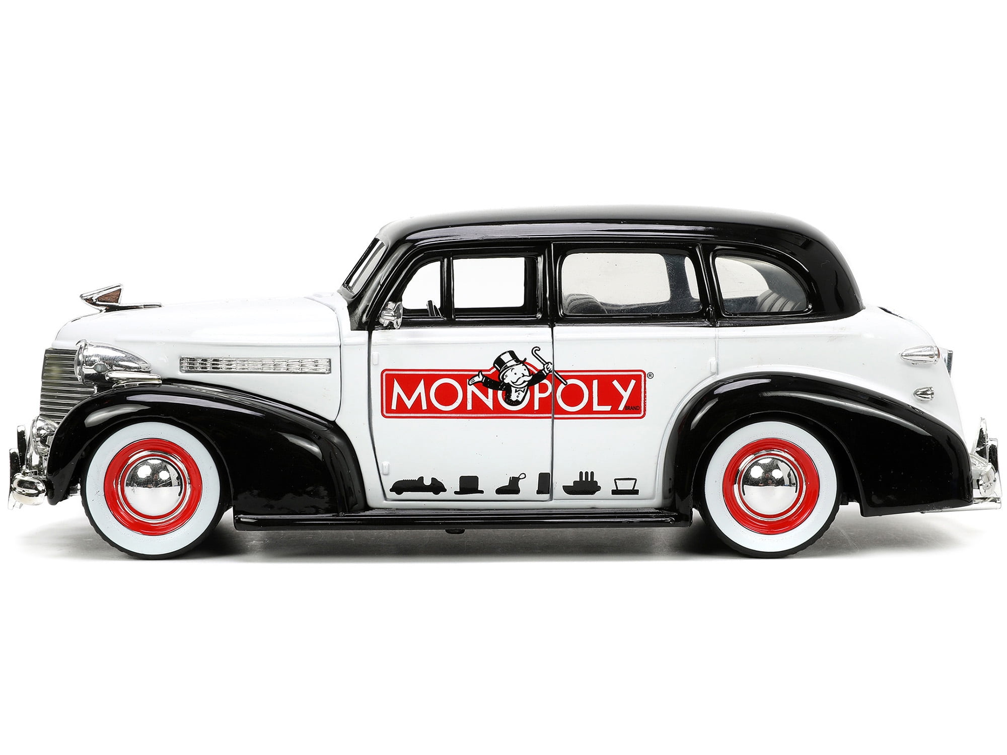 1939 Chevrolet Master Deluxe Black and White Monopoly and Mr. Monopoly  Diecast Figure Hollywood Rides Series 1/24 Diecast Model Car by Jada