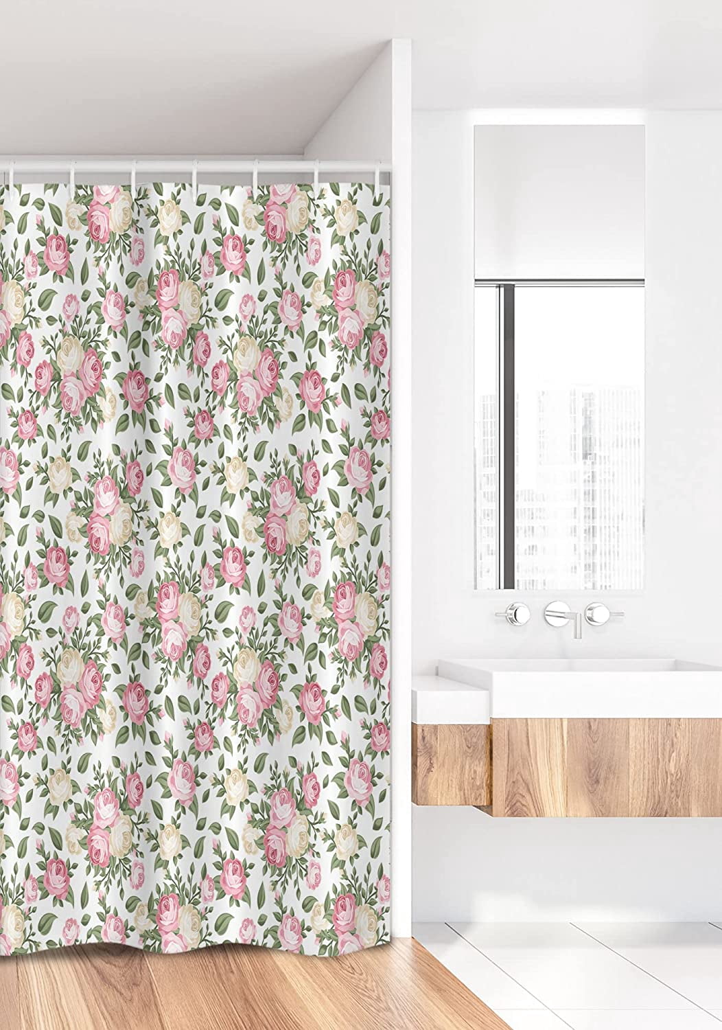 Flower Stall Shower Curtain, Roses Rosebuds Leaves Bouquet Flower Arrangements Bridal Victorian Style, Fabric Bathroom Decor Set with Hooks, 36" W x 72" L, White Pink Green
