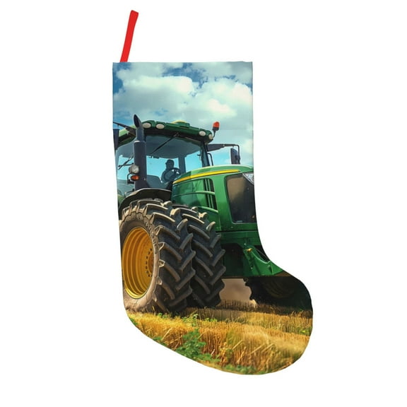 Uemuo Green Tractor Field Print Christmas Stockings, 18inch Xmas Hanging Stocking Decorations for Christmas Party Family Decor