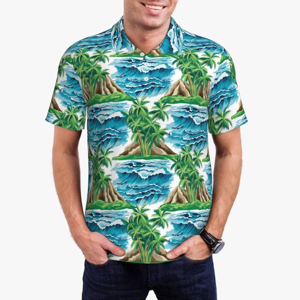 Balery Hawaii Palms Camisa Polo de Hombre con Estampado, de Manga Corta y Tejido Medio, Camisa Tipo Golf Polo-3X-Large