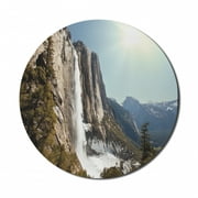 Yosemite Mouse Pad for Computers, Yosemite Falls Mountain Sunshine Alpine Trees Dramatic Natural Wilderness Landscape, Round Non-Slip Thick Rubber Modern Mousepad, 8" Round, Green, by Ambesonne