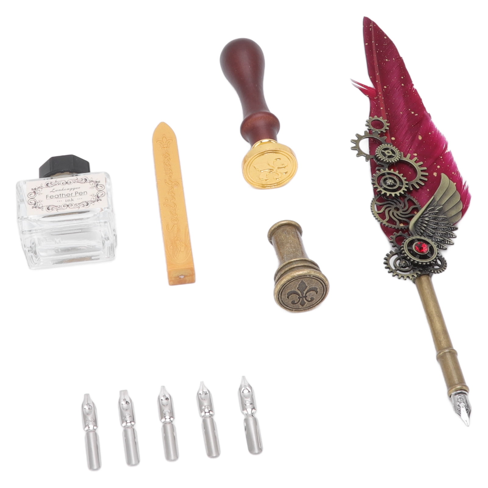 Nieyigj Vintage Mechanical Feather Quill Dip Pen Set with Brass Base, Wax Seal Stamp, and 5 Replacement Nibs - Elegant Wine Red Calligraphy Writing Kit for Artists and Beginners