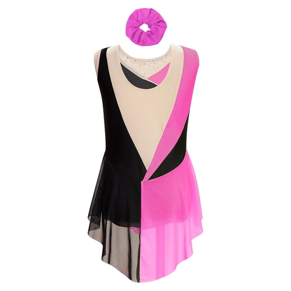 iefiel Kids Girls Figure Skating Dress Shiny Sleeveless Leotard Dresses with Hair Band Gymnastics Hot Pink 14