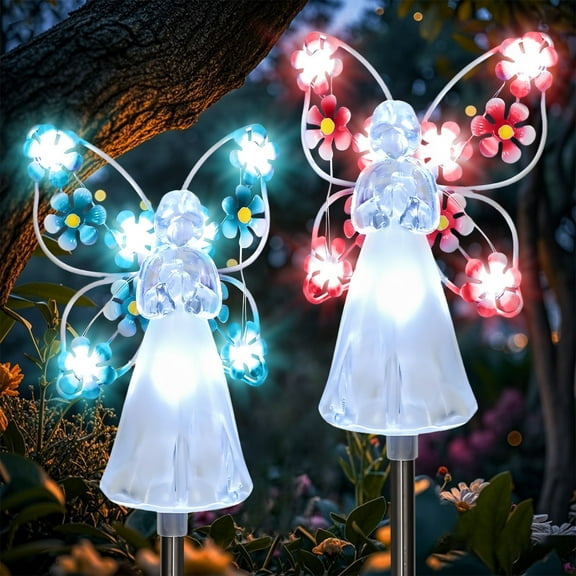 Rirool Solar Angel Stake Lights, 2-Pack Multicolor LED Solar Memorial Garden Decor, Waterproof Outdoor Stake Lights for Yard & Pathway