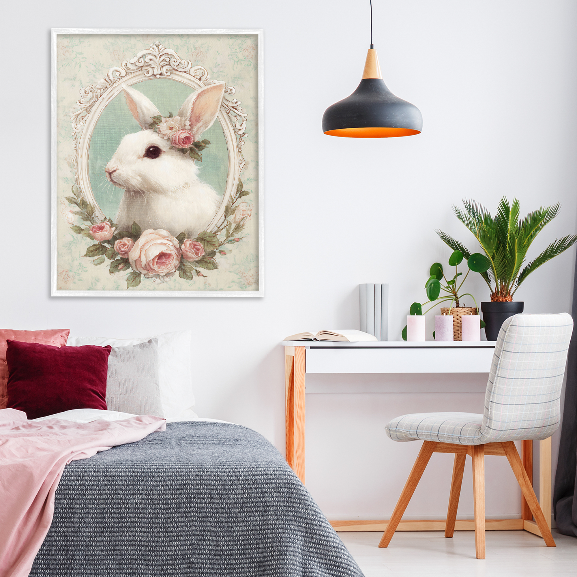 Stupell Industries Flower Fringed Bunny Portrait White Framed Giclee Art, design by Ink Drop Loft