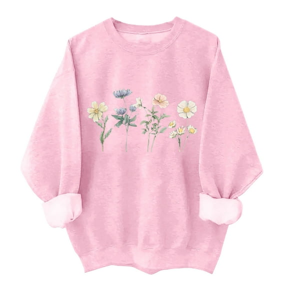 successthop Womens Crewneck Sweatshirt Oversized Long Sleeve Sweater No Hood Pullover Tops Floral Casual Clothes Pink