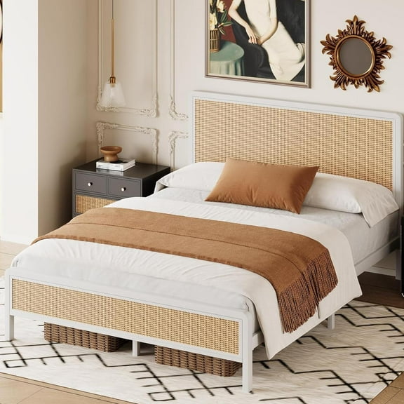 4 EVER WINNER Full Size Bed Frame, Rattan Bed Frame with Natural Rattan Headboard and Footboard, No Box Spring Needed, White
