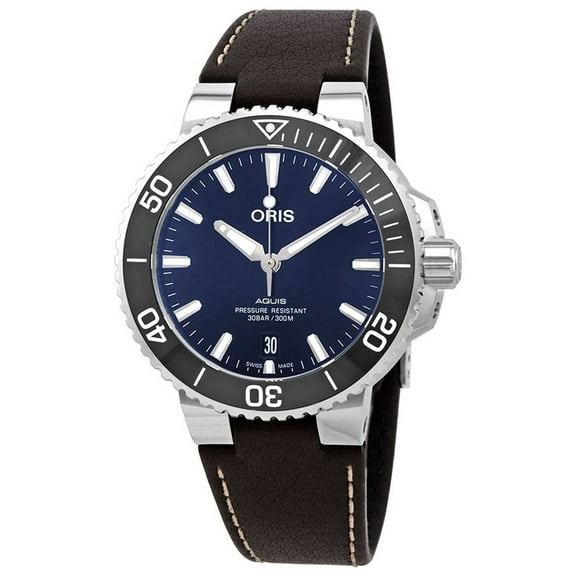 Oris Aquis Date Automatic Stainless Steel Blue Dial Brown Leather Strap Divers Mens Watch 01 733 7732 4135-07 5 21 10FC