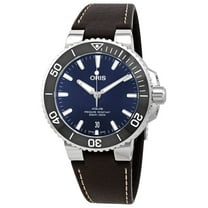 Oris Aquis Date Automatic Stainless Steel Blue Dial Brown Leather Strap Divers Mens Watch 01 733 7732 4135-07 5 21 10FC