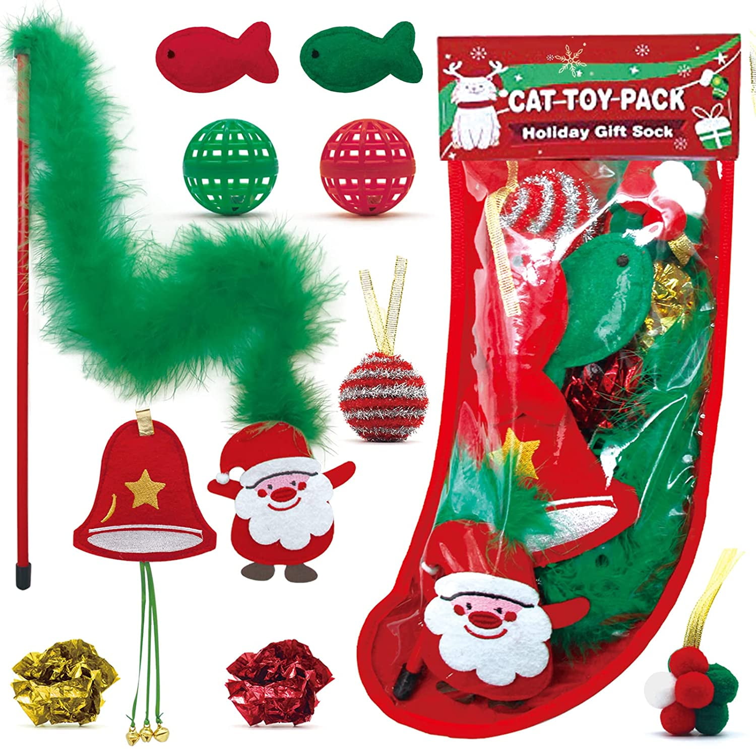 Cat Christmas Stocking, 10 Pack for Cats, Cat Christmas Toys with Cat Wand Toy, Catnip Toys
