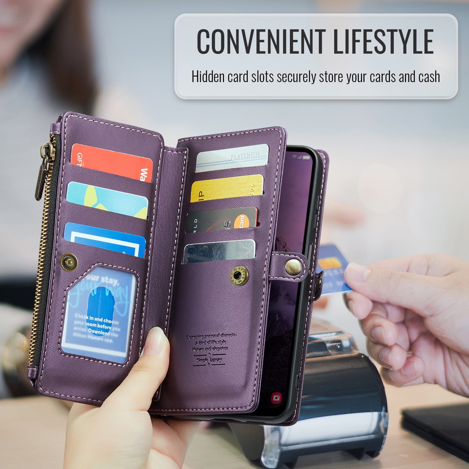 Asuwish Compatible with Samsung Galaxy A17 5G Zipper Wallet Phone Case Tempered Glass Screen Protector Crossbody Lanyard Strap Flip Card Holder Slot Cell Cover for A 17 17A G5 Women Girls Purple