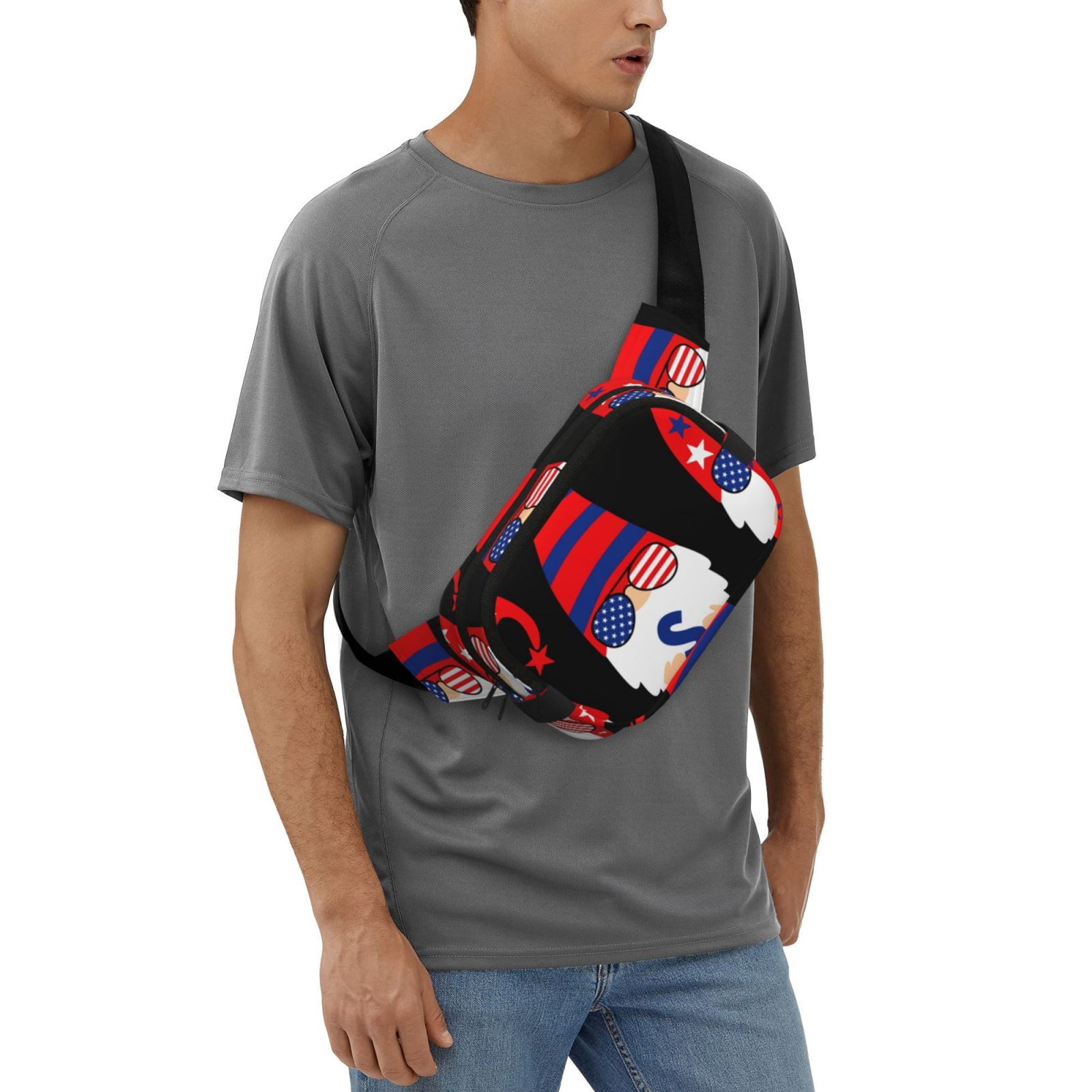 Picia 4th of July Gnomes Print Square Double-Layer Waist Bag Mini Adjustable Waist Belt Bag Exercise Running Travel Hiking