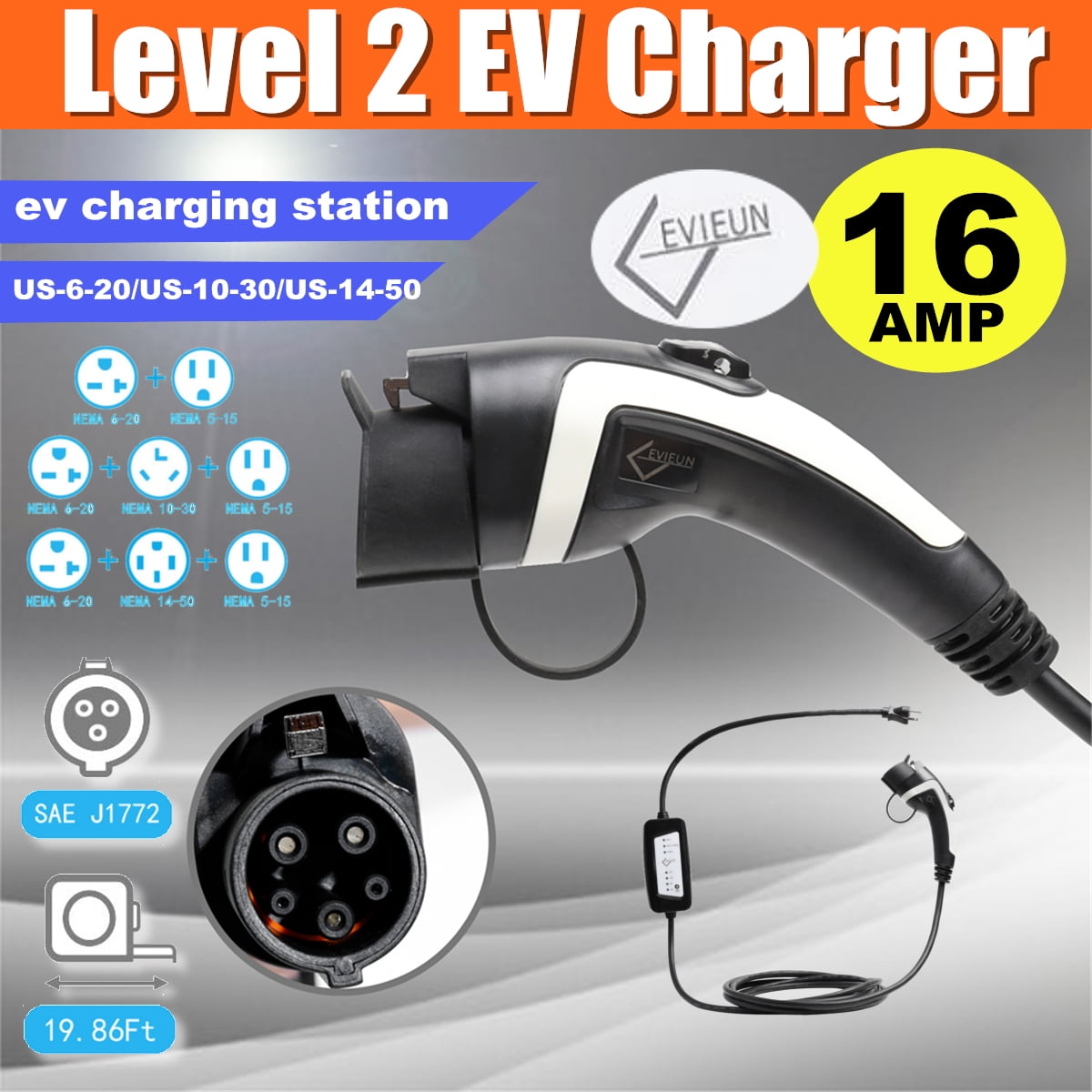 Level 2 Updated EV Charger(110V240V, 16A, 23ft), Portable EVSE